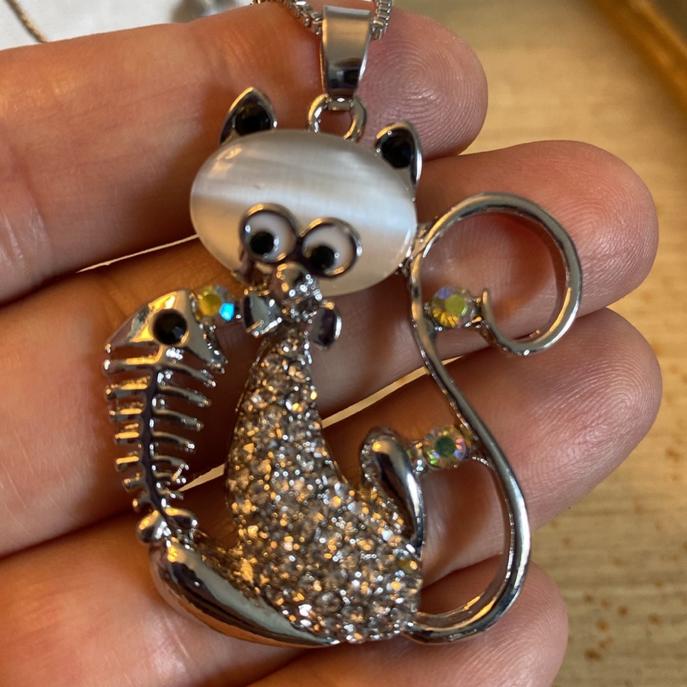 Betsey Johnson Silver Cat and Fishbone Double Necklace